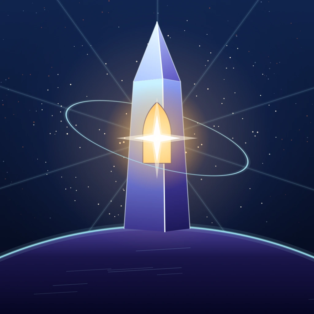 Lantern Prime artwork: a glowing beacon surrounded by stars and orbital paths.